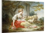 A Shepherdess Seated with Sheep and a Basket of Flowers Near a Ruin in a Wooded Landscape by Jean-Honore Fragonard