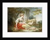 A Shepherdess Seated with Sheep and a Basket of Flowers Near a Ruin in a Wooded Landscape by Jean-Honore Fragonard