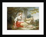 A Shepherdess Seated with Sheep and a Basket of Flowers Near a Ruin in a Wooded Landscape by Jean-Honore Fragonard