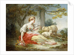 A Shepherdess Seated with Sheep and a Basket of Flowers Near a Ruin in a Wooded Landscape by Jean-Honore Fragonard