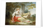 A Shepherdess Seated with Sheep and a Basket of Flowers Near a Ruin in a Wooded Landscape by Jean-Honore Fragonard