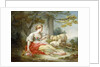 A Shepherdess Seated with Sheep and a Basket of Flowers Near a Ruin in a Wooded Landscape by Jean-Honore Fragonard