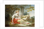 A Shepherdess Seated with Sheep and a Basket of Flowers Near a Ruin in a Wooded Landscape by Jean-Honore Fragonard