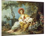 A Young Woman Seated with a Dog and a Watering Can in a Garden, by Jean-Honore Fragonard
