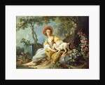 A Young Woman Seated with a Dog and a Watering Can in a Garden, by Jean-Honore Fragonard