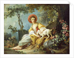 A Young Woman Seated with a Dog and a Watering Can in a Garden, by Jean-Honore Fragonard
