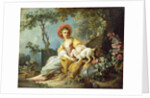 A Young Woman Seated with a Dog and a Watering Can in a Garden, by Jean-Honore Fragonard