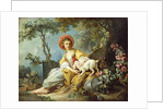 A Young Woman Seated with a Dog and a Watering Can in a Garden, by Jean-Honore Fragonard