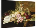 A Fan with Roses, Daisies and a Famille Rose Vase on a Draped Table, 1881 by Pierre Garnier