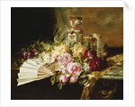 A Fan with Roses, Daisies and a Famille Rose Vase on a Draped Table, 1881 by Pierre Garnier