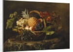A Pineapple, Grapes, Peaches and Apricots in a Basket by Johan Laurents Jensen