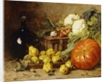 A Still Life with a Wine Flagon, a Basket, Pears, Onions, Cauliflowers, Cabbages, Garlic and a Pumpkin by Eugene Claude