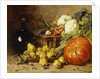 A Still Life with a Wine Flagon, a Basket, Pears, Onions, Cauliflowers, Cabbages, Garlic and a Pumpkin by Eugene Claude