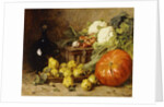 A Still Life with a Wine Flagon, a Basket, Pears, Onions, Cauliflowers, Cabbages, Garlic and a Pumpkin by Eugene Claude