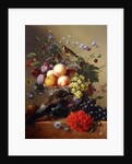 Peaches, Grapes, Plums and Flowers in a Glass vase with a Jay on a Ledge by Arnoldus Bloemers