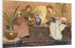 Two Ladies Sitting on a Chest by a Cairo Ware Tray and a Vase of Flowers by Hector Caffieri
