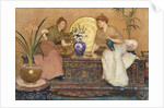Two Ladies Sitting on a Chest by a Cairo Ware Tray and a Vase of Flowers by Hector Caffieri