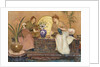 Two Ladies Sitting on a Chest by a Cairo Ware Tray and a Vase of Flowers by Hector Caffieri