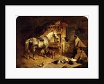 The Interior of a Stable with a Dapple Grey Horse in Harness, with Ducks, Goats, and a Cockerel by a Manger, 1843 by John Frederick Herring Snr