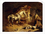 The Interior of a Stable with a Dapple Grey Horse in Harness, with Ducks, Goats, and a Cockerel by a Manger, 1843 by John Frederick Herring Snr