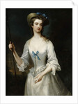 Portrait of a Lady, Possibly the Duchess of Ancaster, Three-Quarter Length, as a Shepherdess, in a White Satin Dress and Bonnet, in a Landscape by Charles Jervas