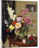 Still Life with Gladioli, Roses and Hollyhocks before an Embroidered Curtain by Albert Williams
