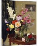 Still Life with Gladioli, Roses and Hollyhocks before an Embroidered Curtain by Albert Williams