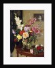 Still Life with Gladioli, Roses and Hollyhocks before an Embroidered Curtain by Albert Williams