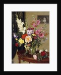 Still Life with Gladioli, Roses and Hollyhocks before an Embroidered Curtain by Albert Williams