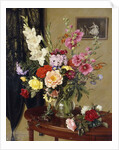 Still Life with Gladioli, Roses and Hollyhocks before an Embroidered Curtain by Albert Williams