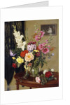 Still Life with Gladioli, Roses and Hollyhocks before an Embroidered Curtain by Albert Williams