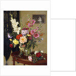 Still Life with Gladioli, Roses and Hollyhocks before an Embroidered Curtain by Albert Williams
