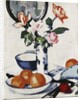 Pink and Tangerine Roses in a Blue and White Beaker Vase with Oranges in a Bowl and a Black Fan, c. 1924 by Samuel John Peploe
