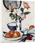Pink and Tangerine Roses in a Blue and White Beaker Vase with Oranges in a Bowl and a Black Fan, c. 1924 by Samuel John Peploe