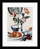 Pink and Tangerine Roses in a Blue and White Beaker Vase with Oranges in a Bowl and a Black Fan, c. 1924 by Samuel John Peploe