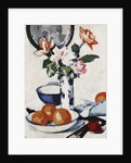Pink and Tangerine Roses in a Blue and White Beaker Vase with Oranges in a Bowl and a Black Fan, c. 1924 by Samuel John Peploe