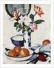 Pink and Tangerine Roses in a Blue and White Beaker Vase with Oranges in a Bowl and a Black Fan, c. 1924 by Samuel John Peploe