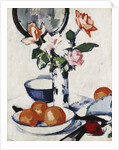Pink and Tangerine Roses in a Blue and White Beaker Vase with Oranges in a Bowl and a Black Fan, c. 1924 by Samuel John Peploe