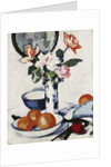 Pink and Tangerine Roses in a Blue and White Beaker Vase with Oranges in a Bowl and a Black Fan, c. 1924 by Samuel John Peploe