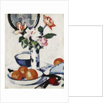 Pink and Tangerine Roses in a Blue and White Beaker Vase with Oranges in a Bowl and a Black Fan, c. 1924 by Samuel John Peploe