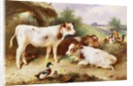 Calves and Poultry by a Byre, 1922 by Walter Hunt