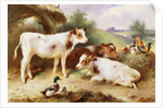 Calves and Poultry by a Byre, 1922 by Walter Hunt