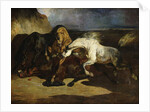 Stallions Fighting in a Stormy Landscape by Alfred Dedreux or de Dreux