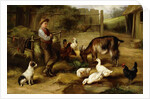 A Boy with Poultry and a Goat in a Farmyard, 1903 by Charles Hunt