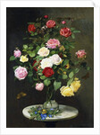 A Bouquet of Roses in a Glass Vase by Wild Flowers on a Marble Table, 1882 by Otto Didrik Ottesen