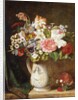 Roses Tulips and other Flowers in a Porcelain Tankard on a Draped Ledge by Alfred Morgan