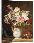 Roses Tulips and other Flowers in a Porcelain Tankard on a Draped Ledge by Alfred Morgan