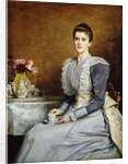 Portrait of Mrs. Joseph Chamberlain, seated three-quarter length at a tea-table, wearing a grey and white dress, 1891 by John Everett Millais