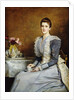 Portrait of Mrs. Joseph Chamberlain, seated three-quarter length at a tea-table, wearing a grey and white dress, 1891 by John Everett Millais