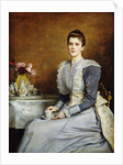Portrait of Mrs. Joseph Chamberlain, seated three-quarter length at a tea-table, wearing a grey and white dress, 1891 by John Everett Millais